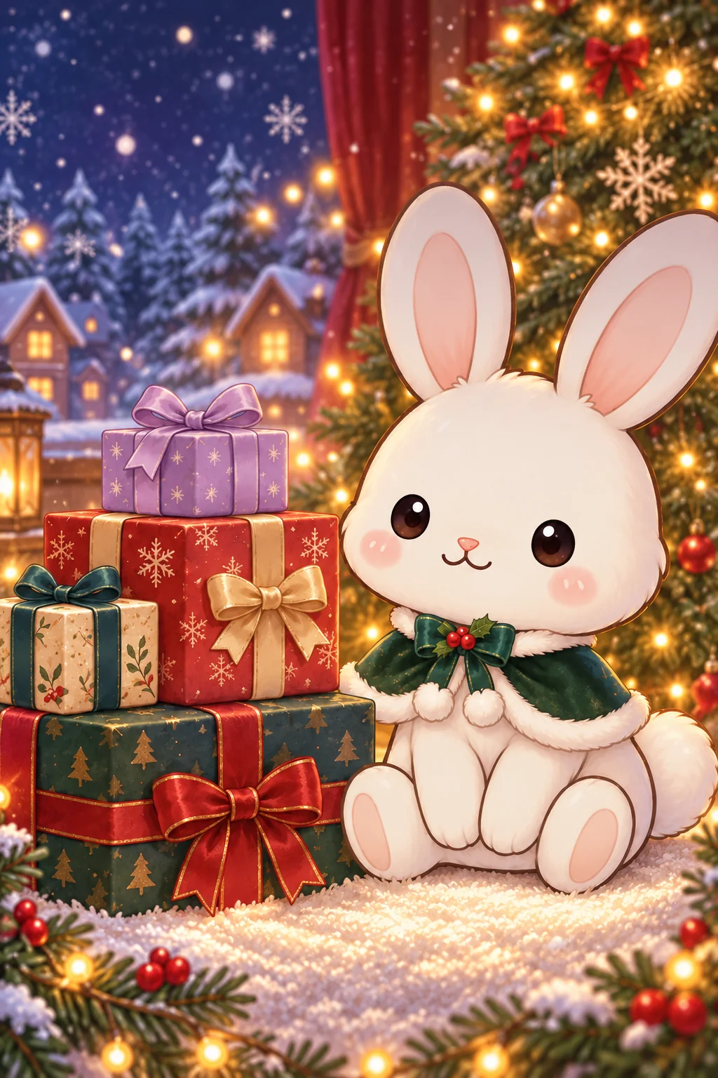 Christmas MAVURYN rabbit beside several stacked gift boxes