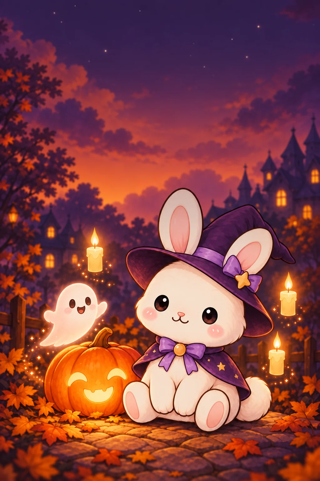 MAVURYN rabbit in a witch hat beside a glowing pumpkin, friendly ghost and floating candles