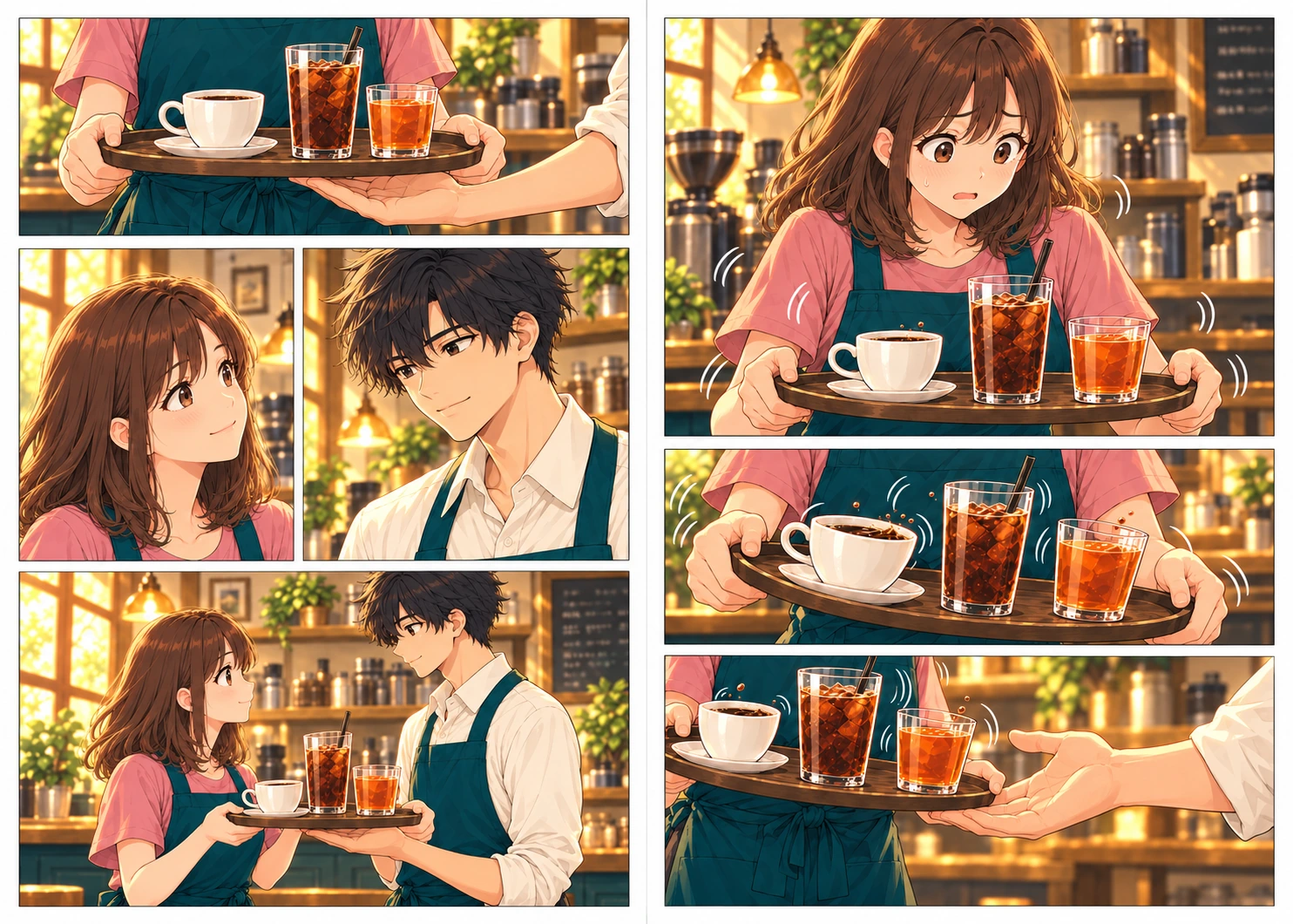 Illustrated café scenes with Mia and Noah steadying a tray together