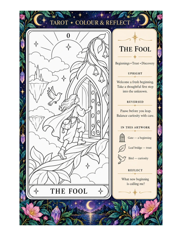 The Fool: white tarot card illustration to colour, a colourful surrounding world, meaning and reflection prompt